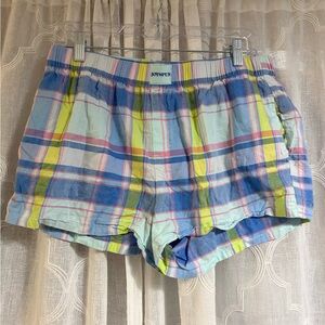 JoySpun Sleep Short Size M Blue Plaid Elastic Waist Pockets Cotton Blend Sz 8-10
